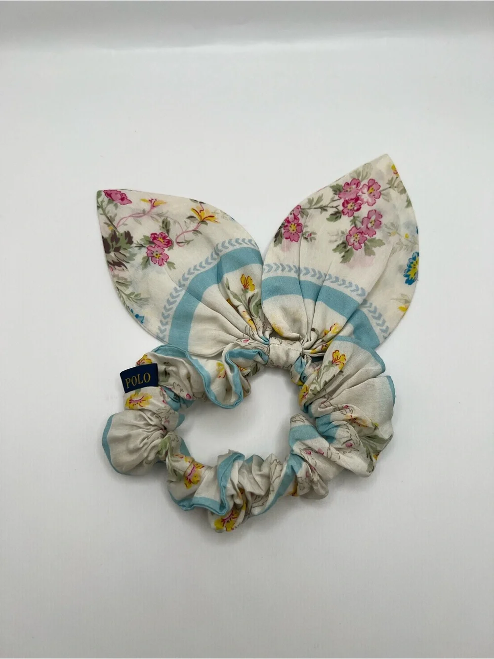 Polo Ralph Lauren Floral Bow Scrunchie in Cream and Blue